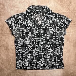Vintage 90s Up Front Black & White Floral Geometric Mesh Top Button Up Sheer